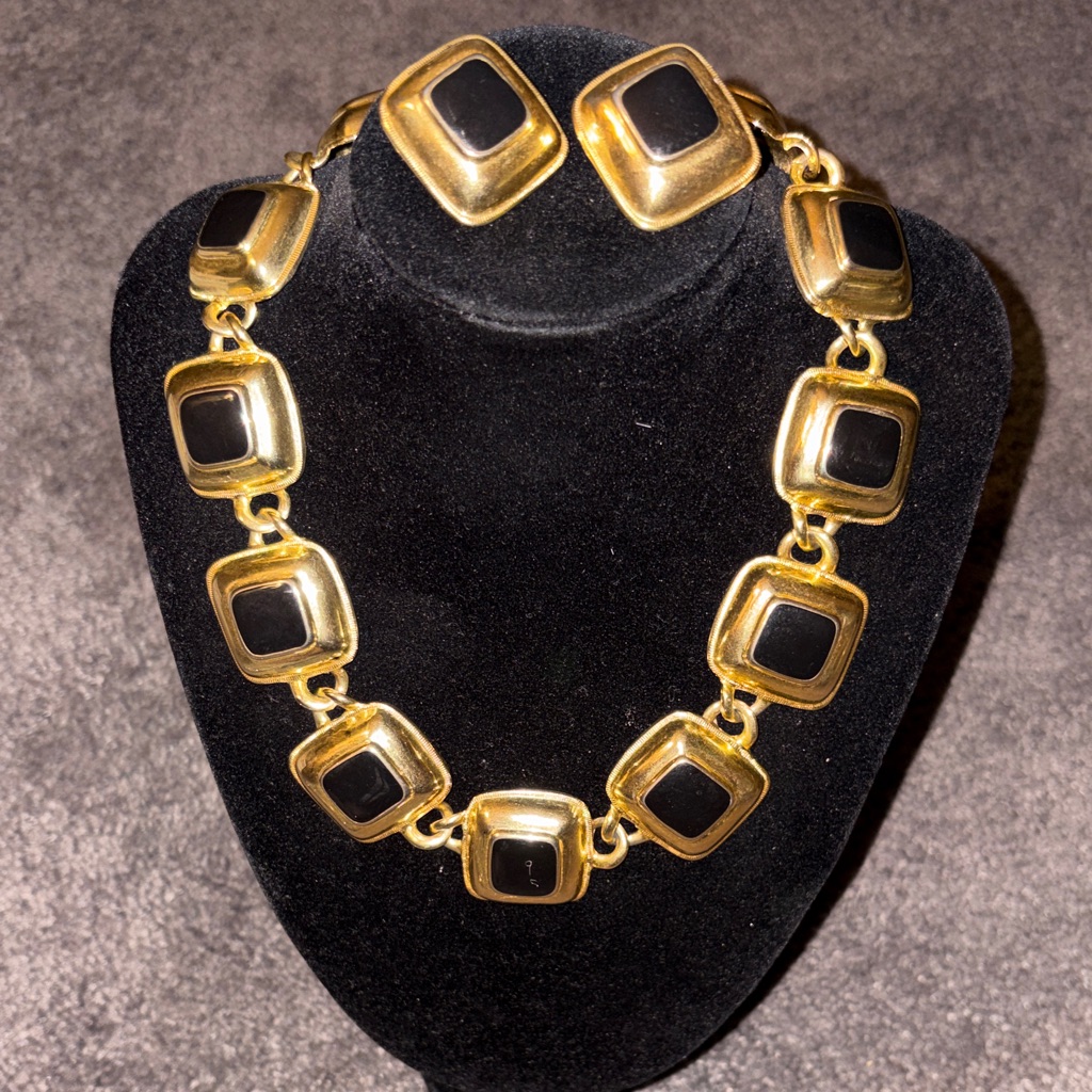 GoldTone Necklace And Earring Set With Black Inlay